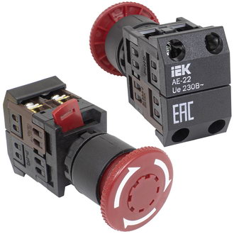 Кнопочные переключатели AE-22 d22мм 1з+1р 240В с фикс.красн IEK