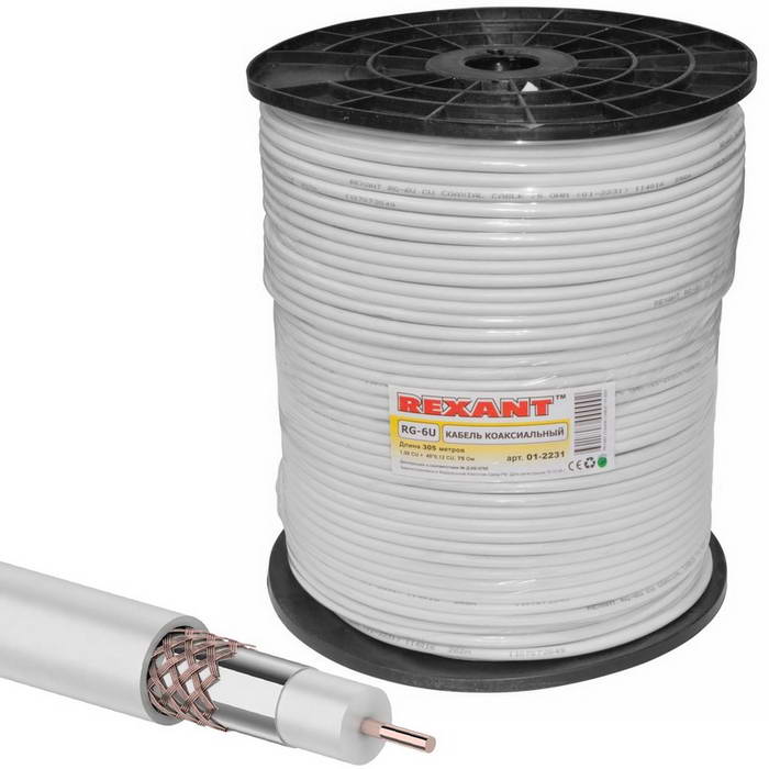 Коаксиальный кабель 01-2231 RG-6U+Cu 64% 305м(б) REXANT
