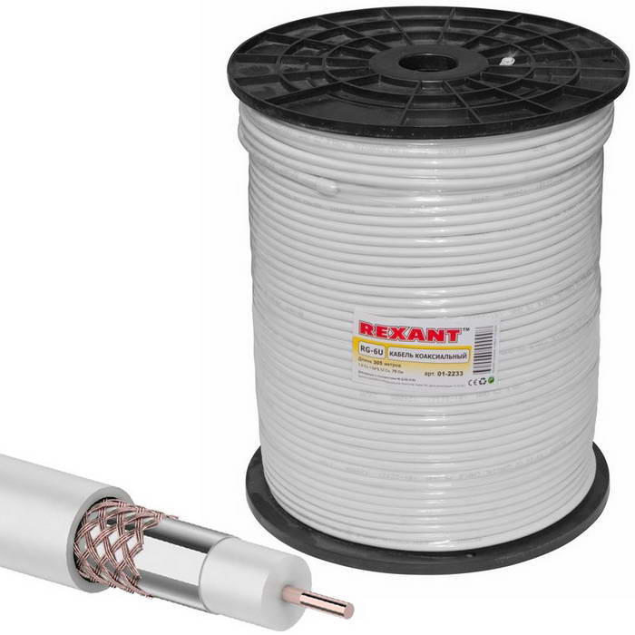 Коаксиальный кабель 01-2233 RG-6U+Cu 75% 305м(б) REXANT