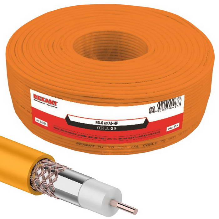 Коаксиальный кабель 01-2654 RG-6U+Cu 64% 100м оранжевый REXANT